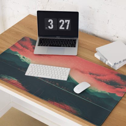 Cyberpunk Mount Fuji neon sunset large gaming mouse pad with abstract swirls