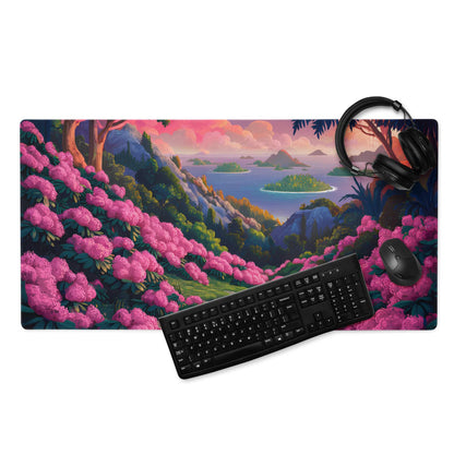 Vibrant pink green floral landscape gaming mousepad with lush hills sunset scene