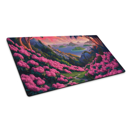 Vibrant pink rhododendron gaming mouse pad with sunset path to islands