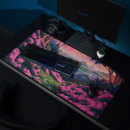 Vibrant floral landscape gaming mouse pad with lush hills and colorful sunset