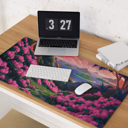 Vibrant pink floral landscape gaming mousepad with lush hills and colorful sunset vista