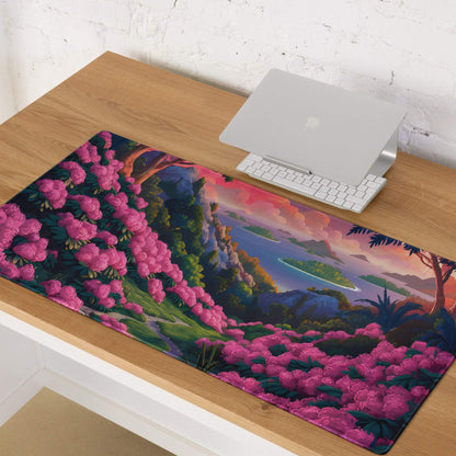 Vibrant pink floral landscape gaming mouse pad with lush hills, mountains, waterfalls, colorful sunset sky