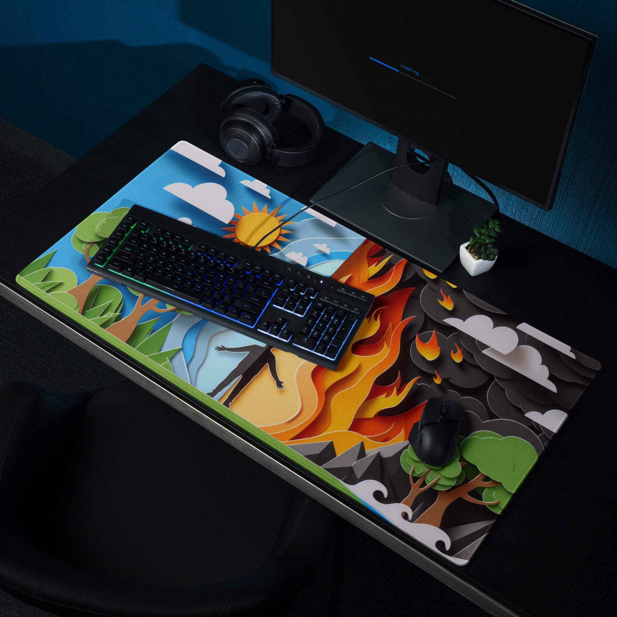 Papercraft Nature and Fire Duel gaming mouse pad with day-night split design