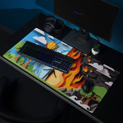 Papercraft Nature and Fire Duel gaming mouse pad with day-night split design
