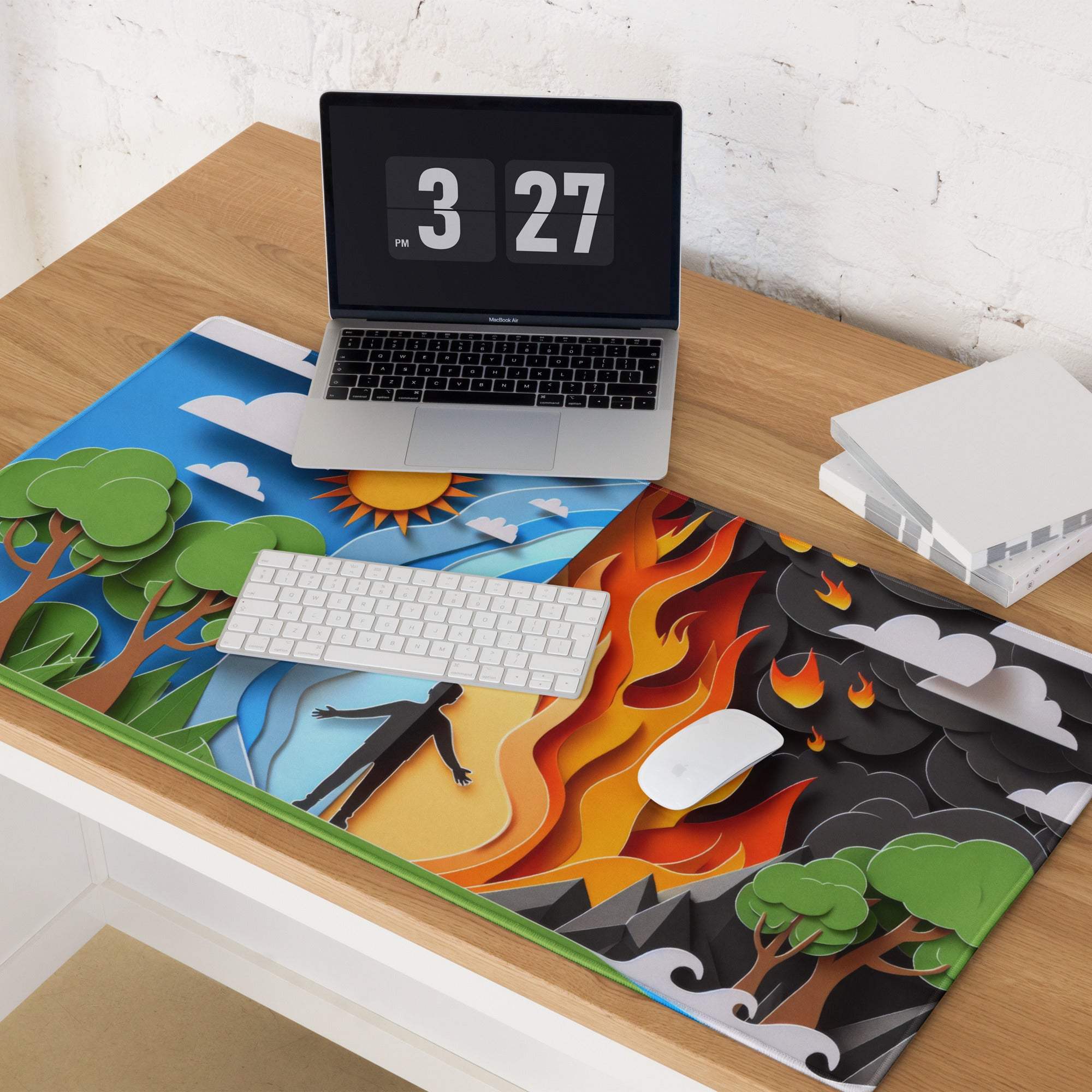 Papercraft nature and fire duel gaming mouse pad with day-night split design