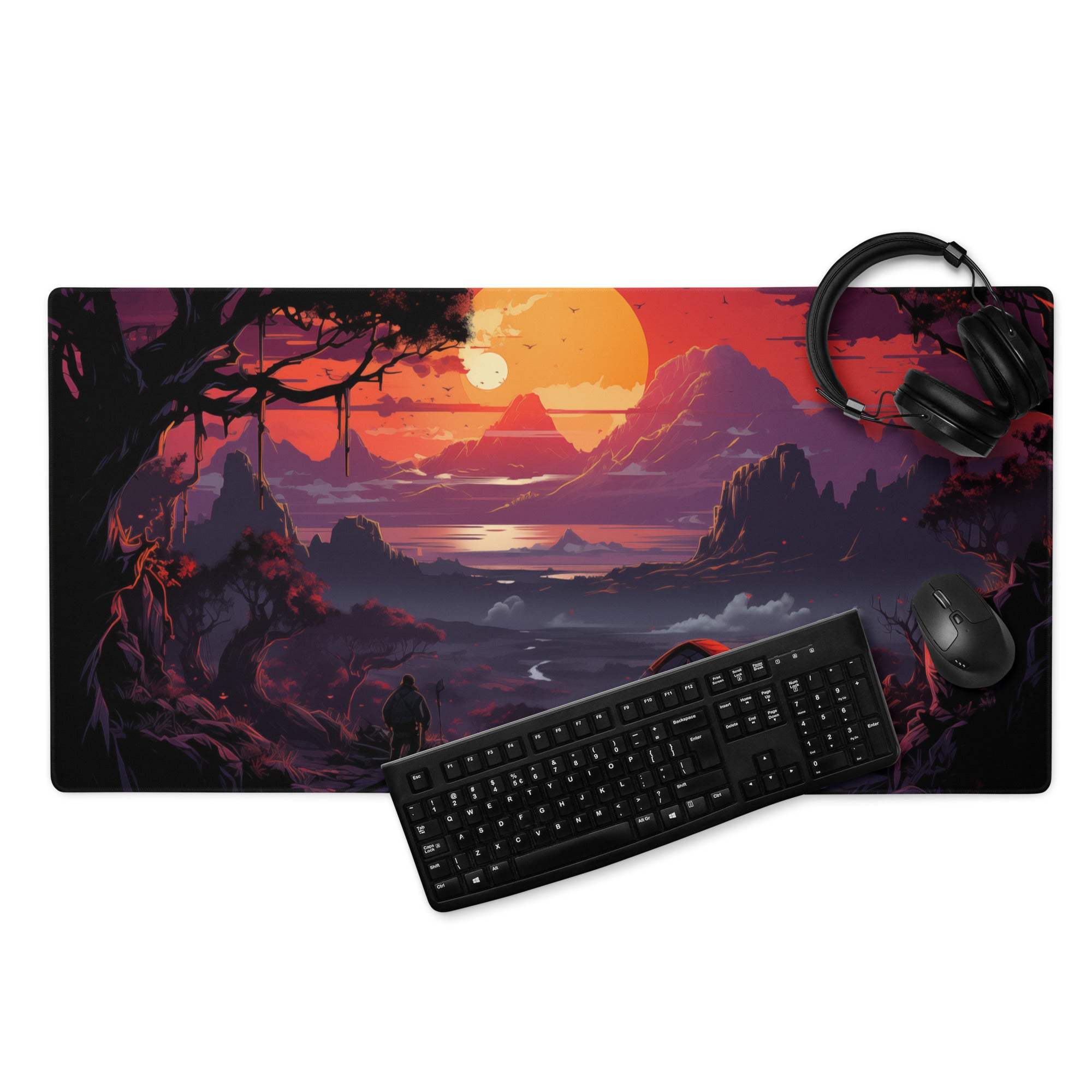 Large stylized sunset landscape gaming mouse pad with non-slip backing