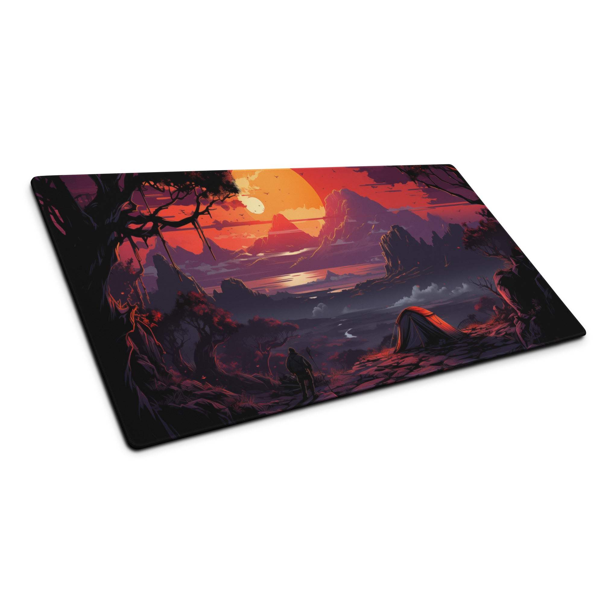 Vibrant red orange sunset gaming mouse pad with rocky terrain non-slip backing