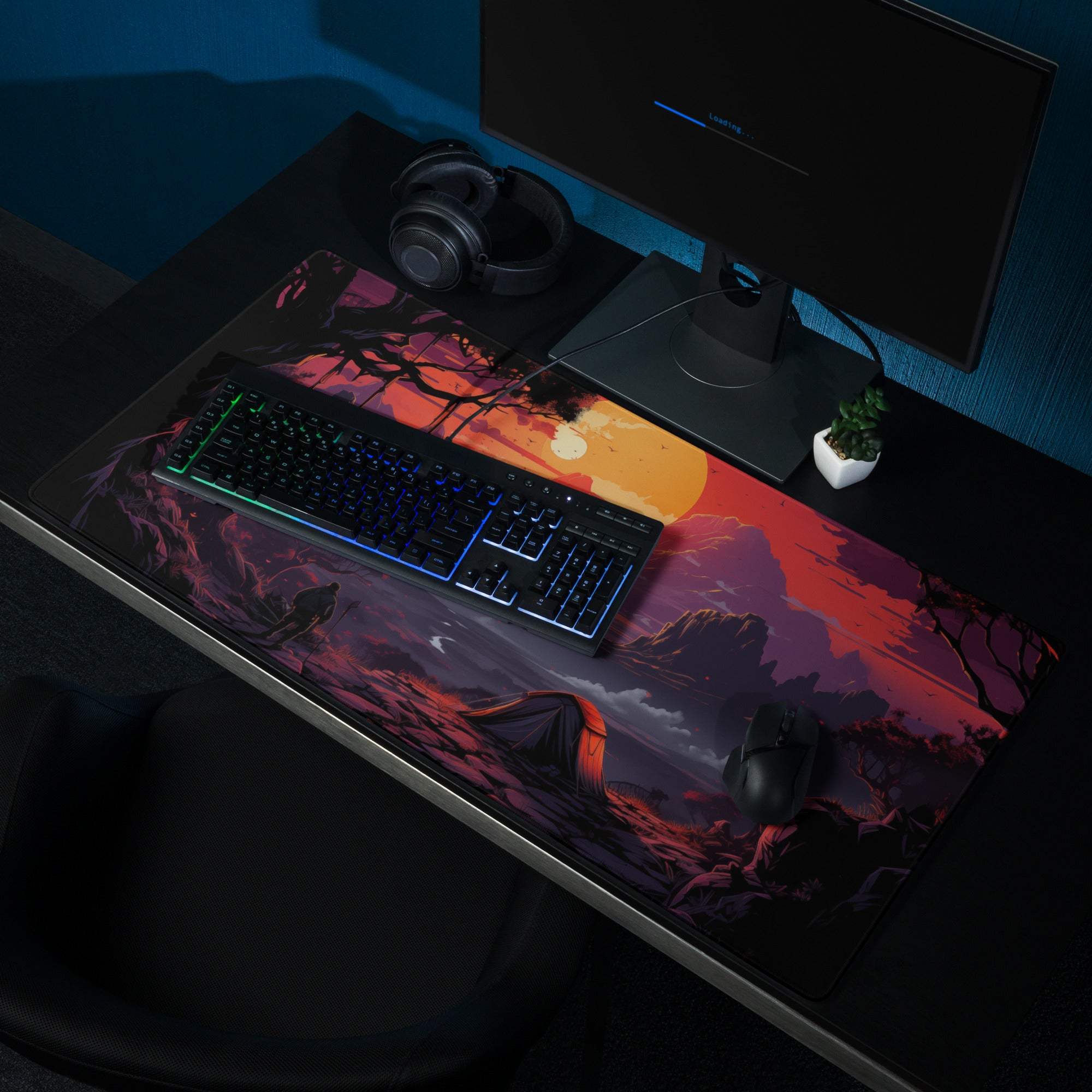 Stylized sunset landscape gaming mouse pad, large size, non-slip backing