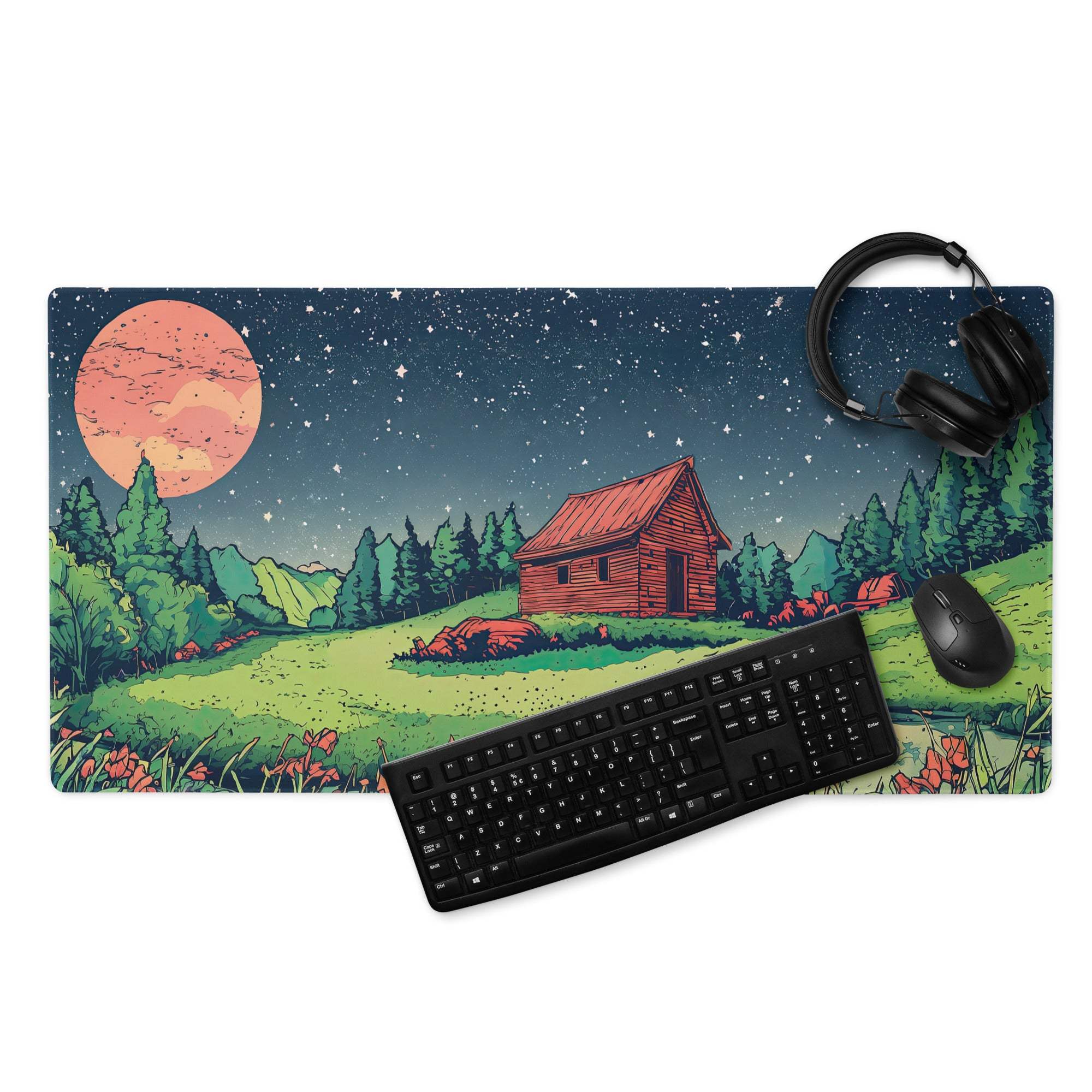 Large gaming mouse pad with non-slip base, starry night sky cabin scene