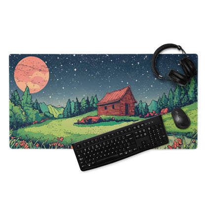 Large gaming mouse pad with non-slip base, starry night sky cabin scene
