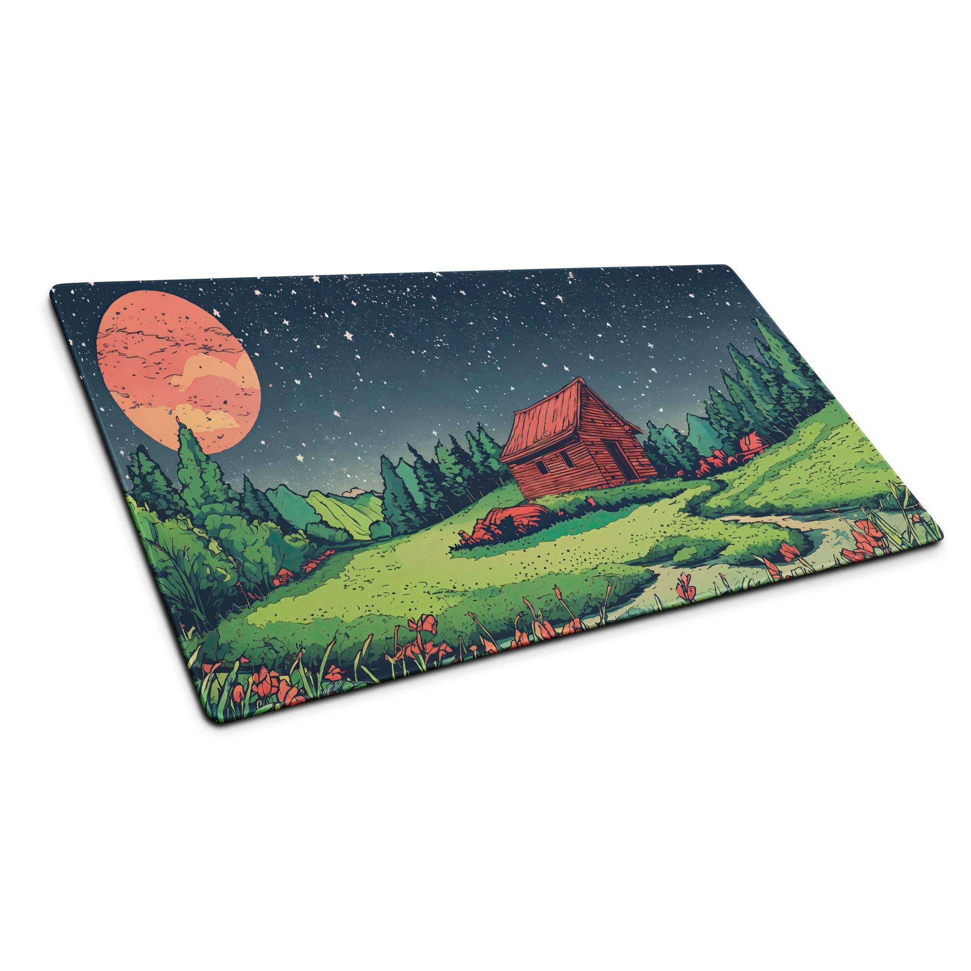 Large gaming mouse pad with red-roofed cabin under starry sky and orange moon