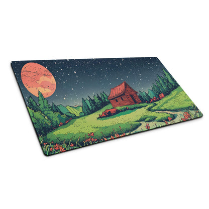 Large gaming mouse pad with red-roofed cabin under starry sky and orange moon