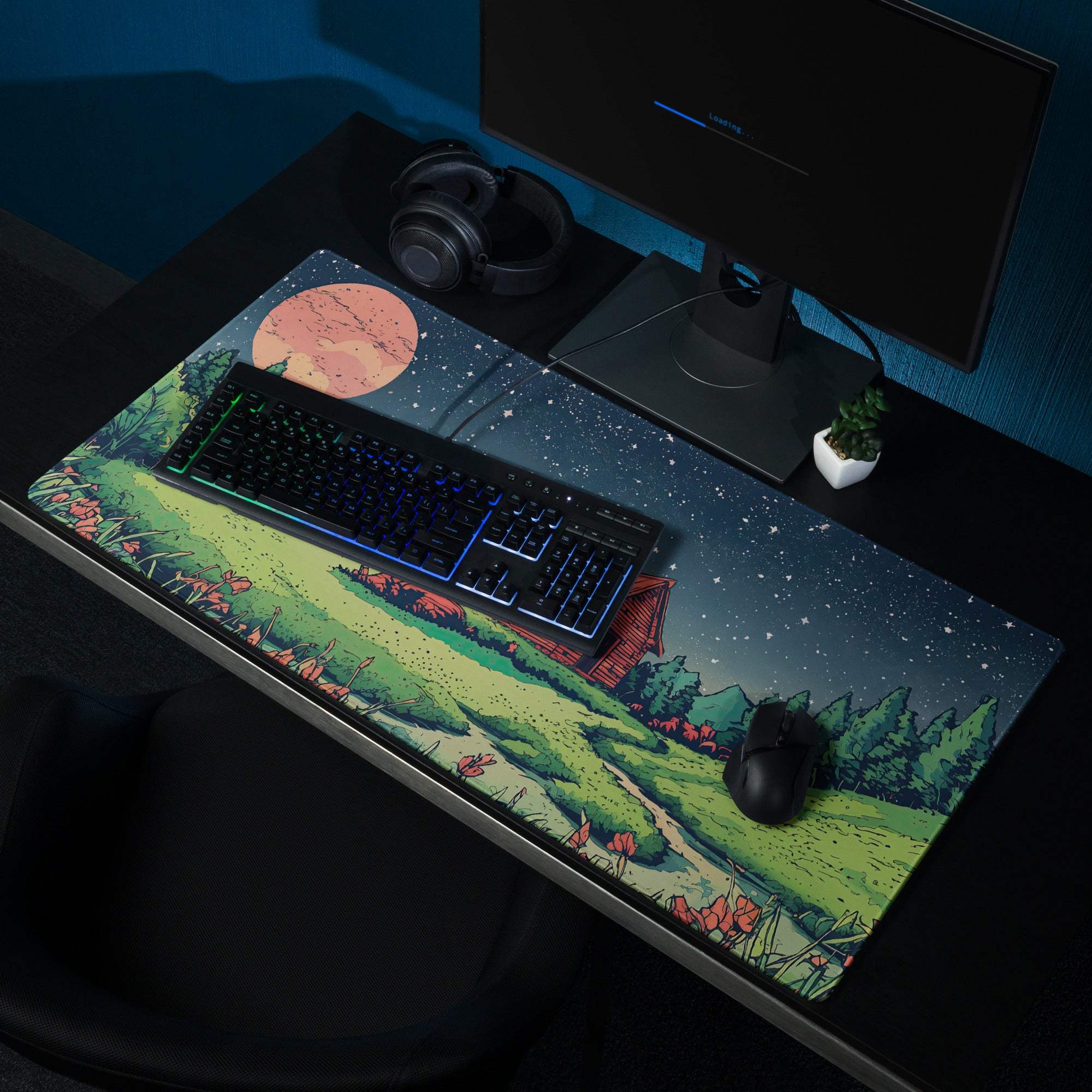 Large gaming mouse pad with non-slip base, night sky landscape, red barn, pink moon