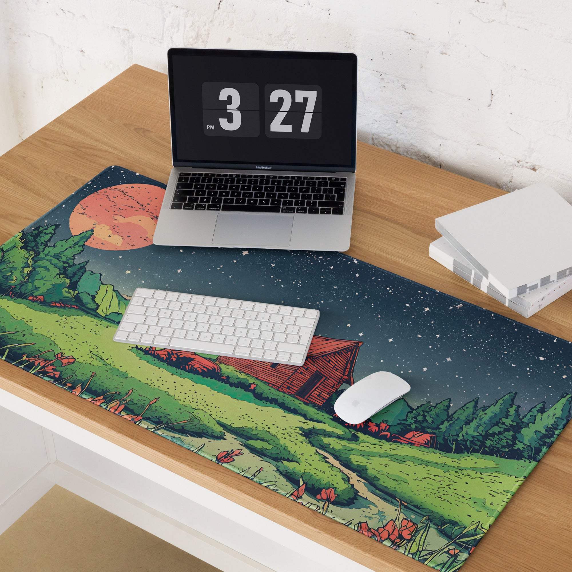 Large gaming mouse pad with non-slip base, night sky scene of hills, poppies, barn, orange moon