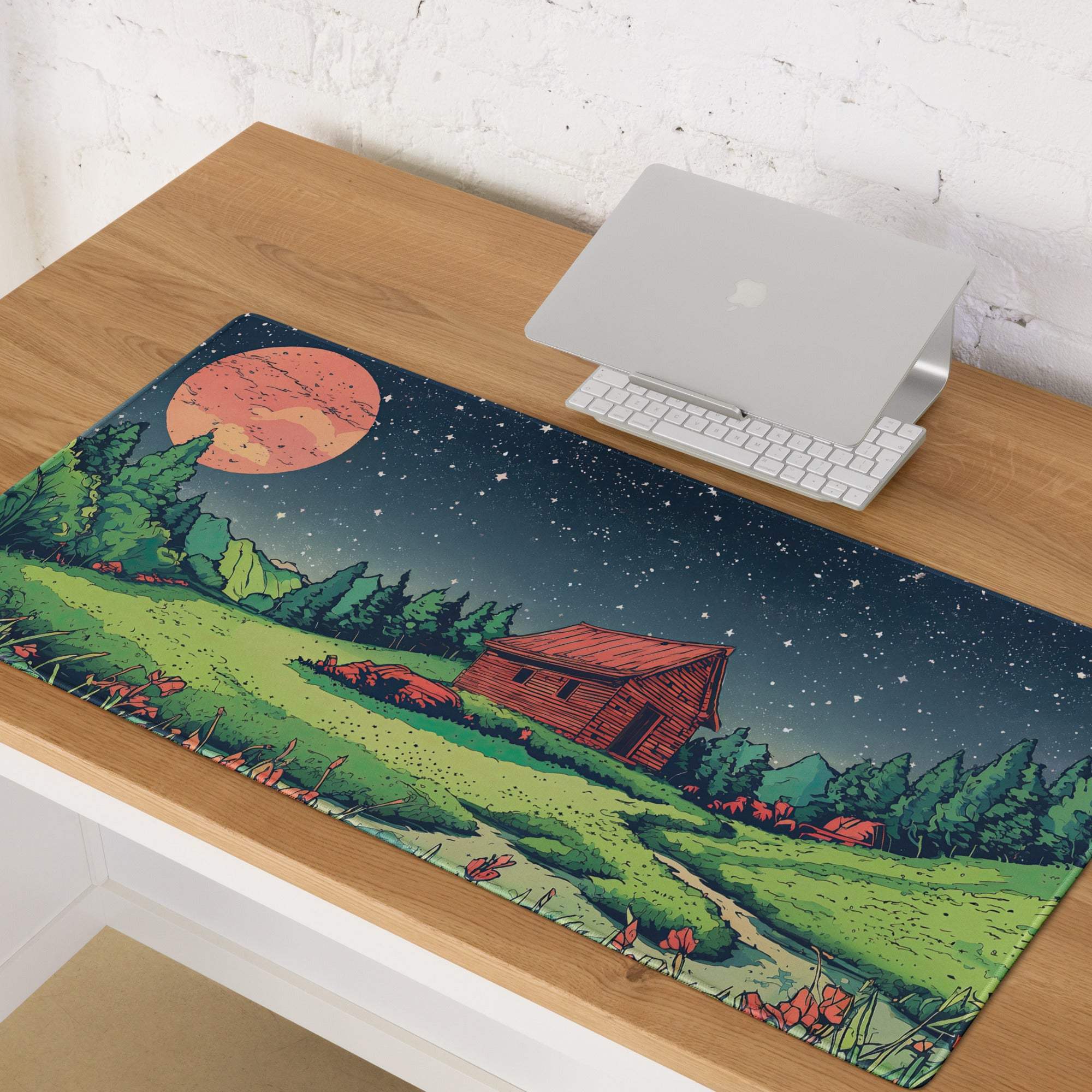 Large gaming mouse pad with non-slip base, starry night sky cabin scene