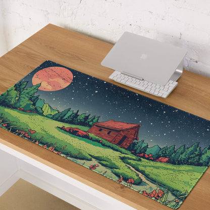 Large gaming mouse pad with non-slip base, starry night sky cabin scene