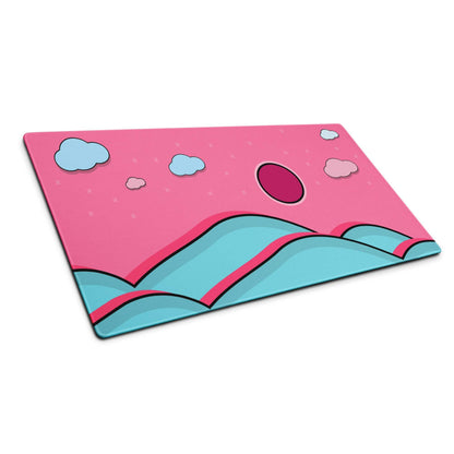 Vibrant pink teal cartoon landscape glass cutting board with clouds sun mountains