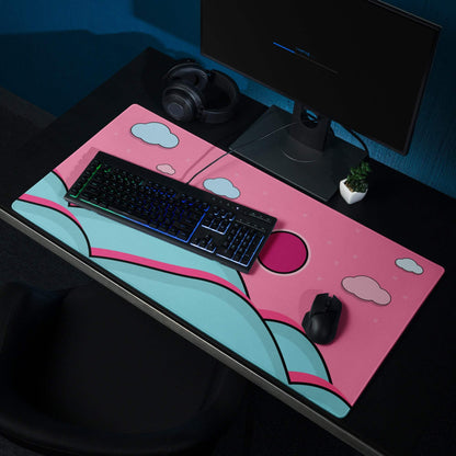Pink teal cloud gaming mousepad with pink sun, non-slip backing, edge stitching