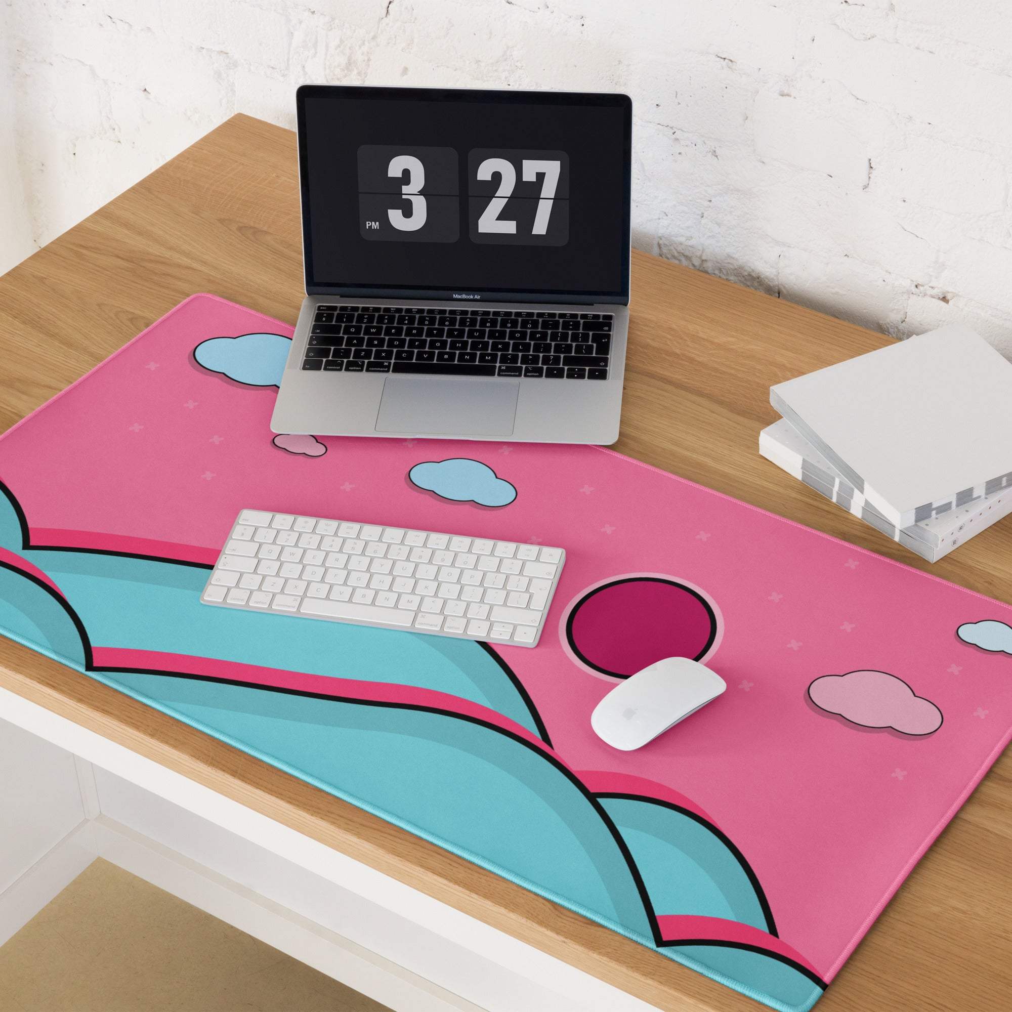 Pink and teal cartoon cloud mousepad with circular mouse cutout