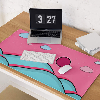 Pink and teal cartoon cloud mousepad with circular mouse cutout