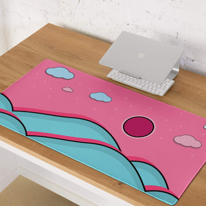 Pink and teal cartoon landscape gaming mousepad with clouds, sun, non-slip backing