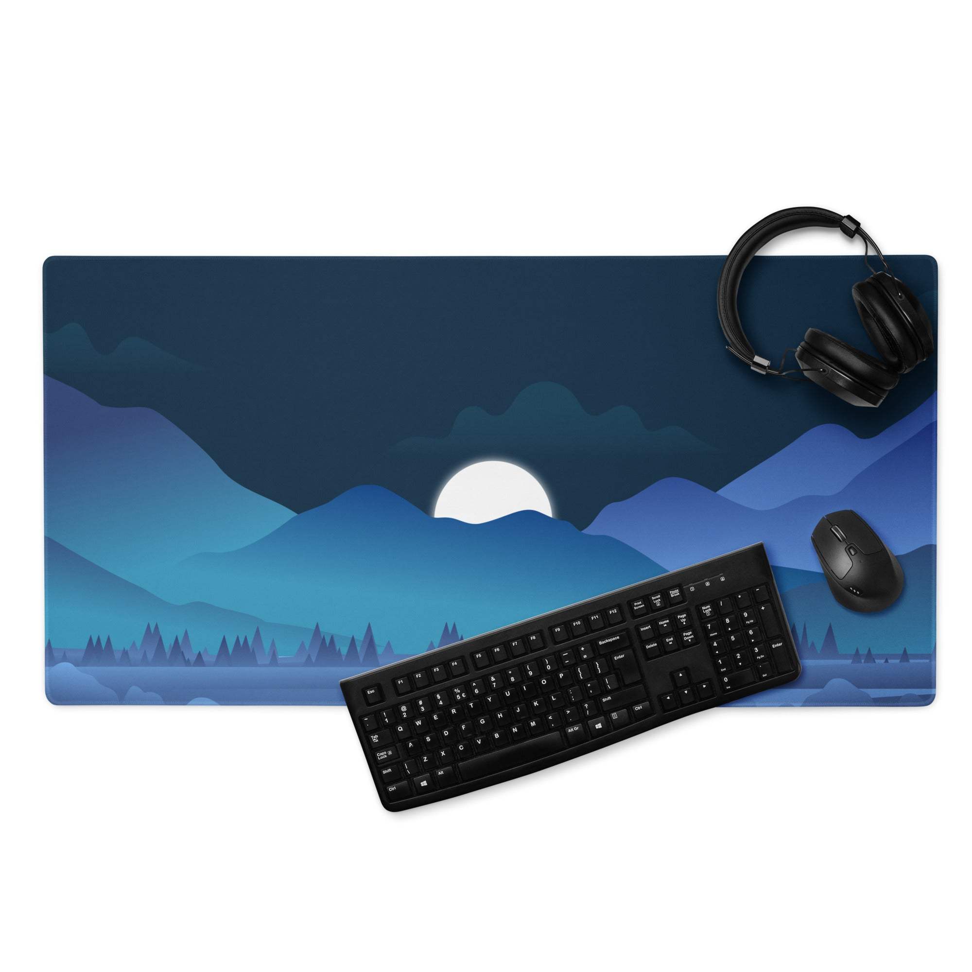 Blue night mountain landscape gaming mouse pad with white moon peaks