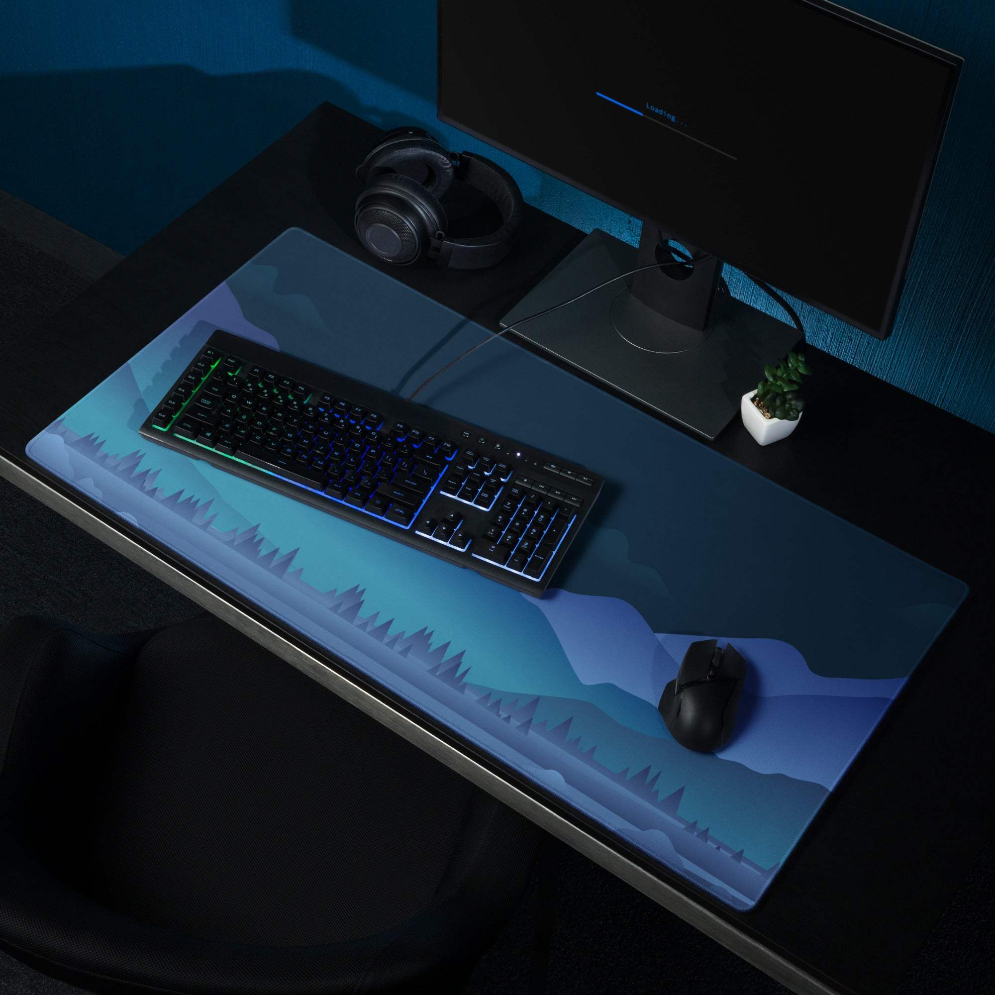 Blue gradient mountain landscape gaming mouse pad with non-slip base