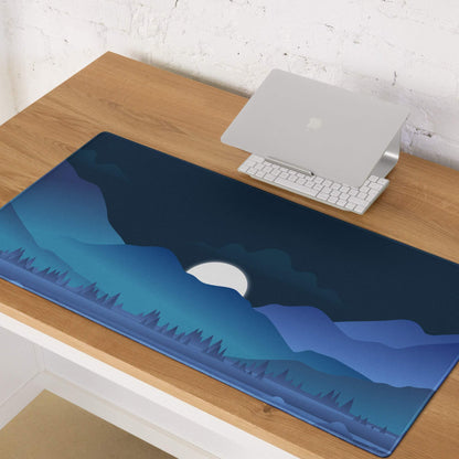 Blue gradient mountain landscape gaming mousepad with white moon and non-slip base
