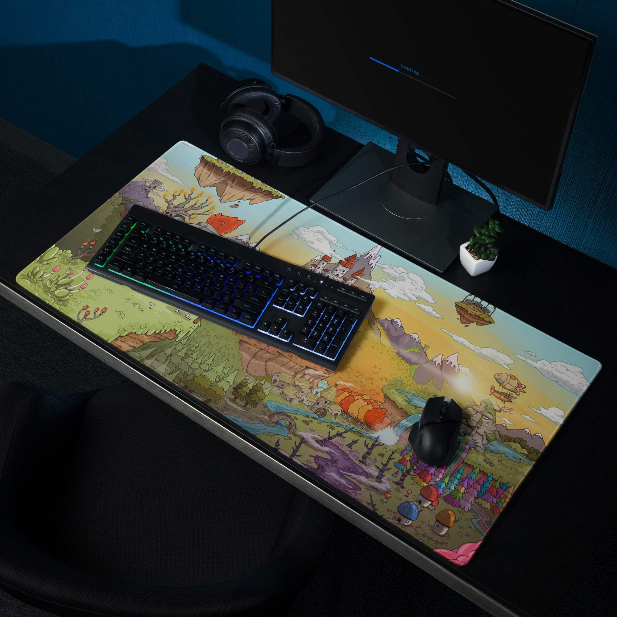 Playful colorful fantasy landscape gaming mouse pad with non-slip base