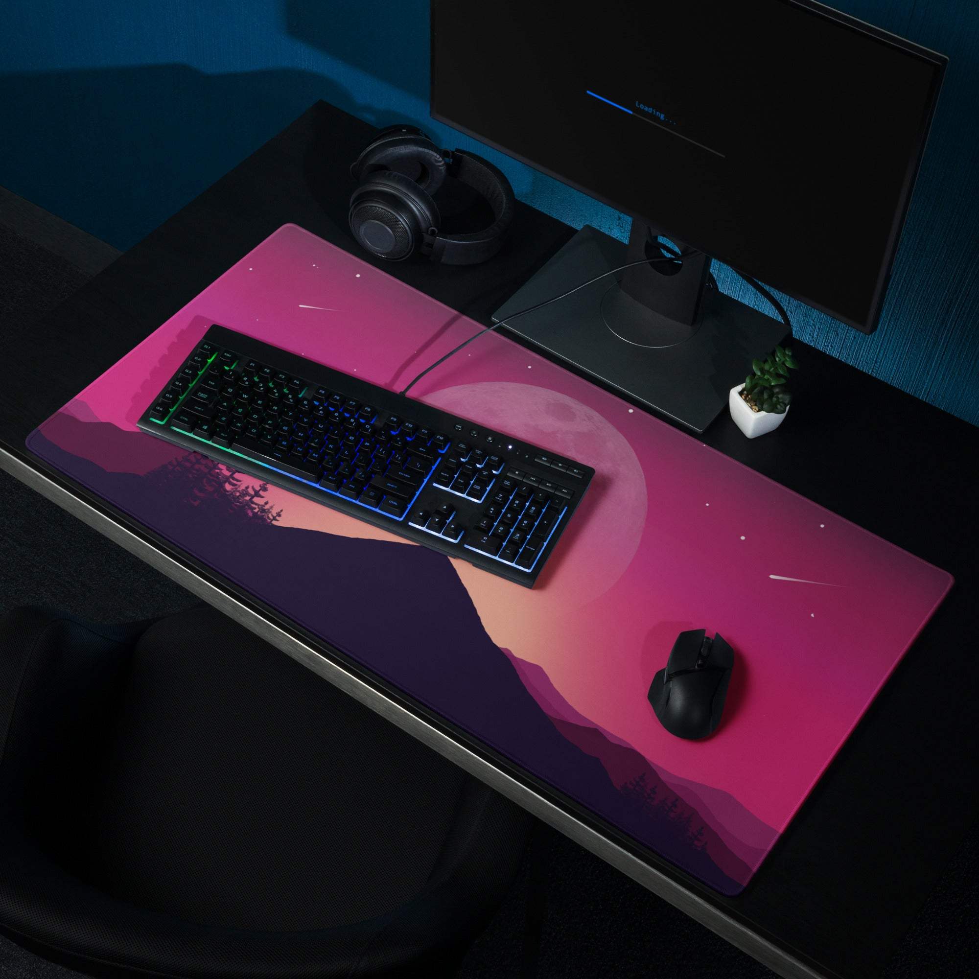 Vibrant purple sunset wolf landscape gaming mousepad with moonlit mountains