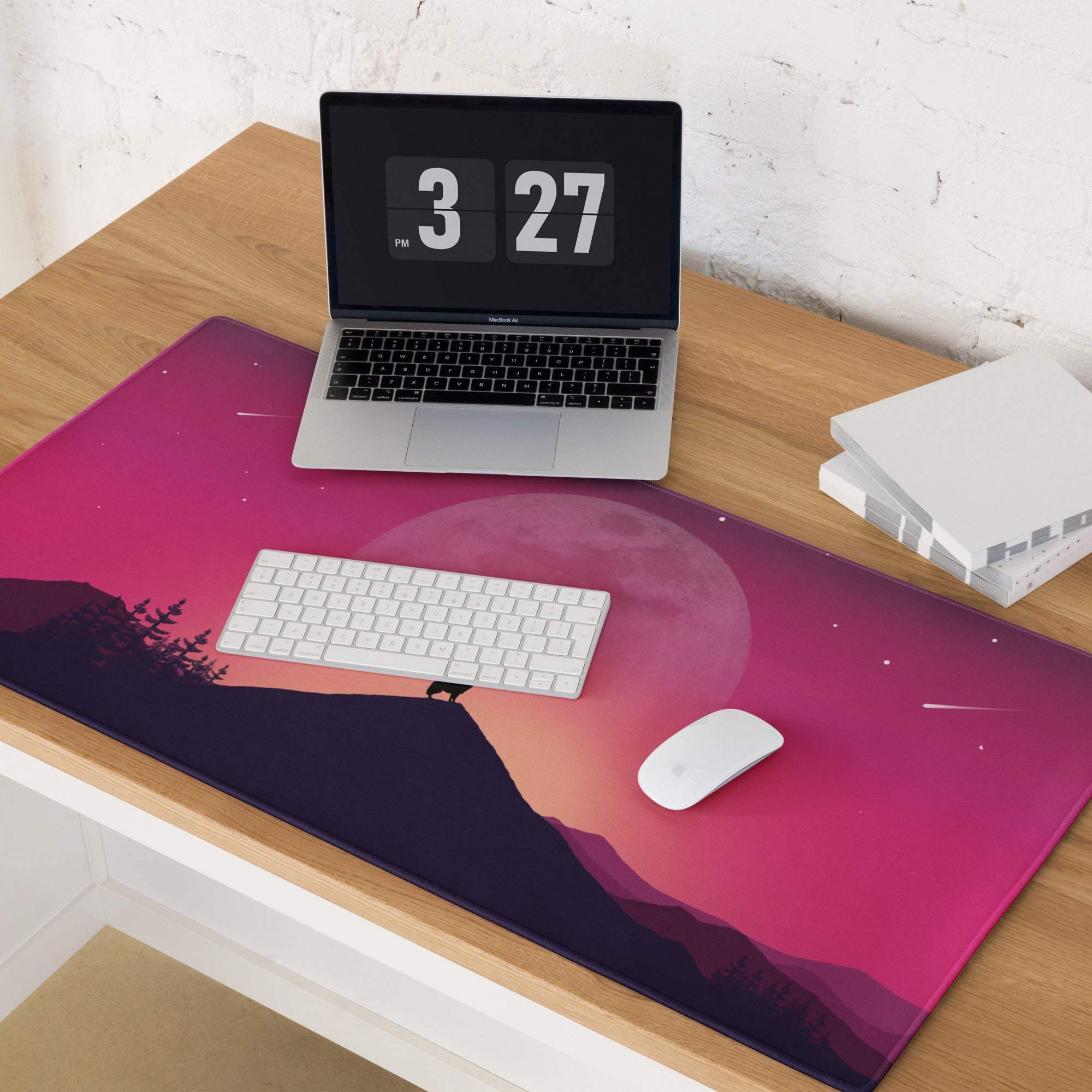 Vibrant purple sunset wolf landscape gaming mouse pad with moonlit mountains