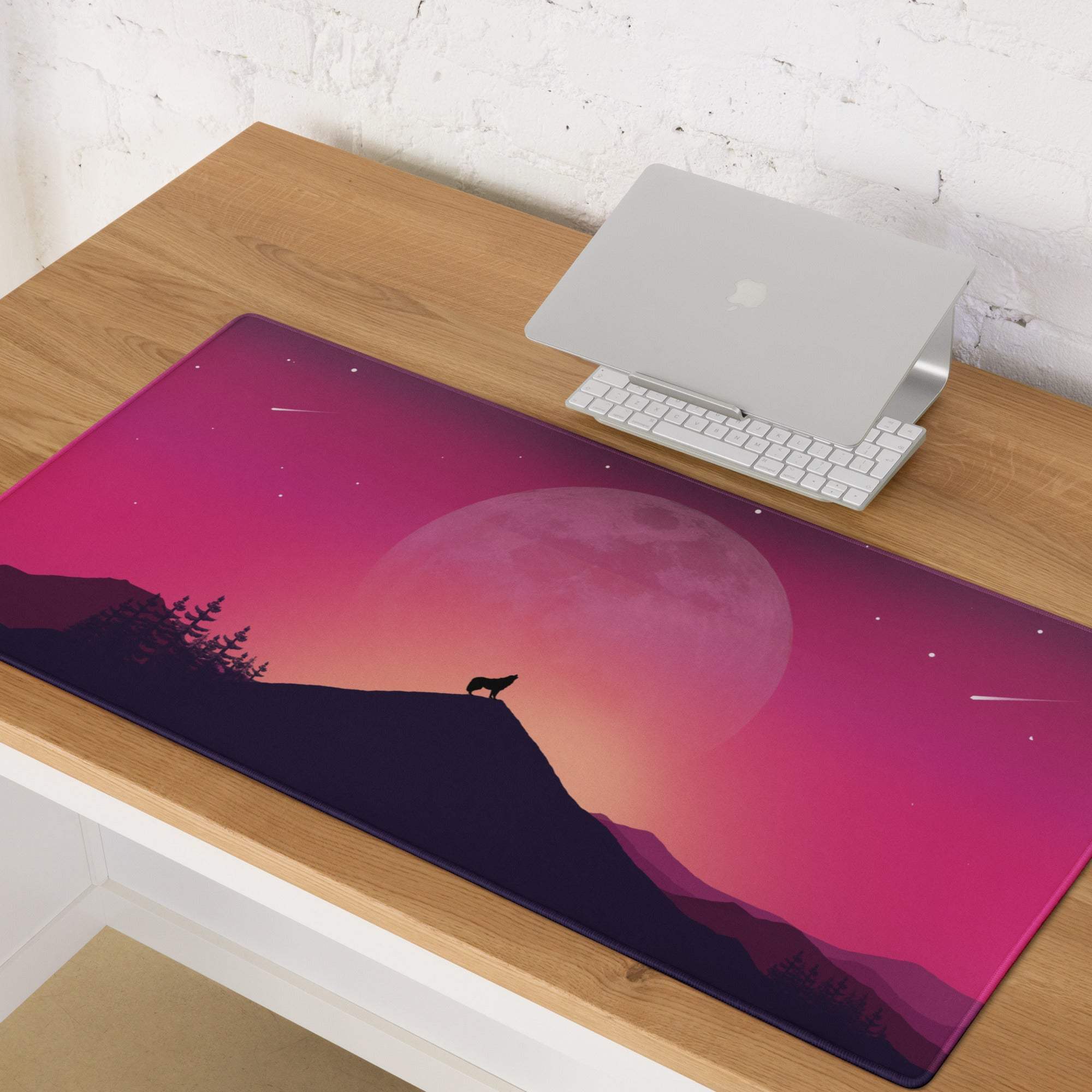Vibrant pink purple gradient wolf silhouette mousepad with moonlit mountain, non-slip base
