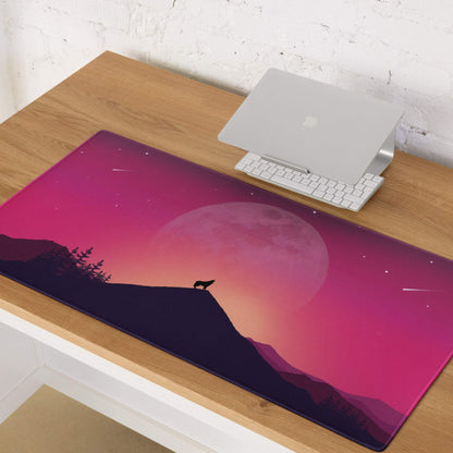 Vibrant pink purple gradient wolf silhouette mousepad with moonlit mountain, non-slip base