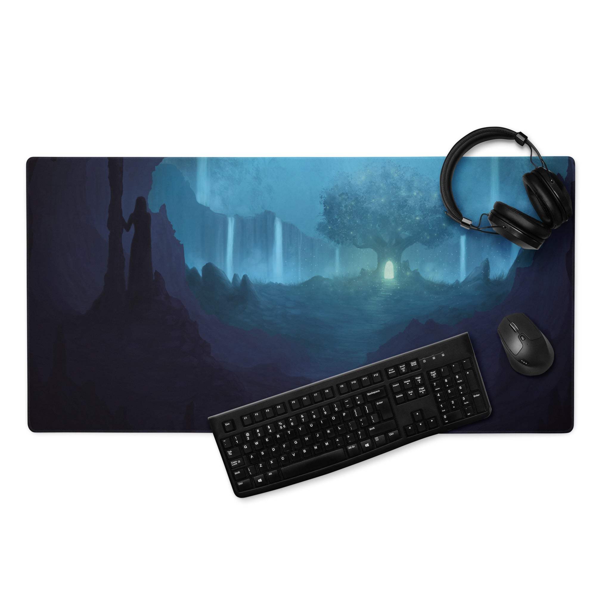Blue fantasy landscape gaming mouse pad with large size, edge stitching, non-slip base