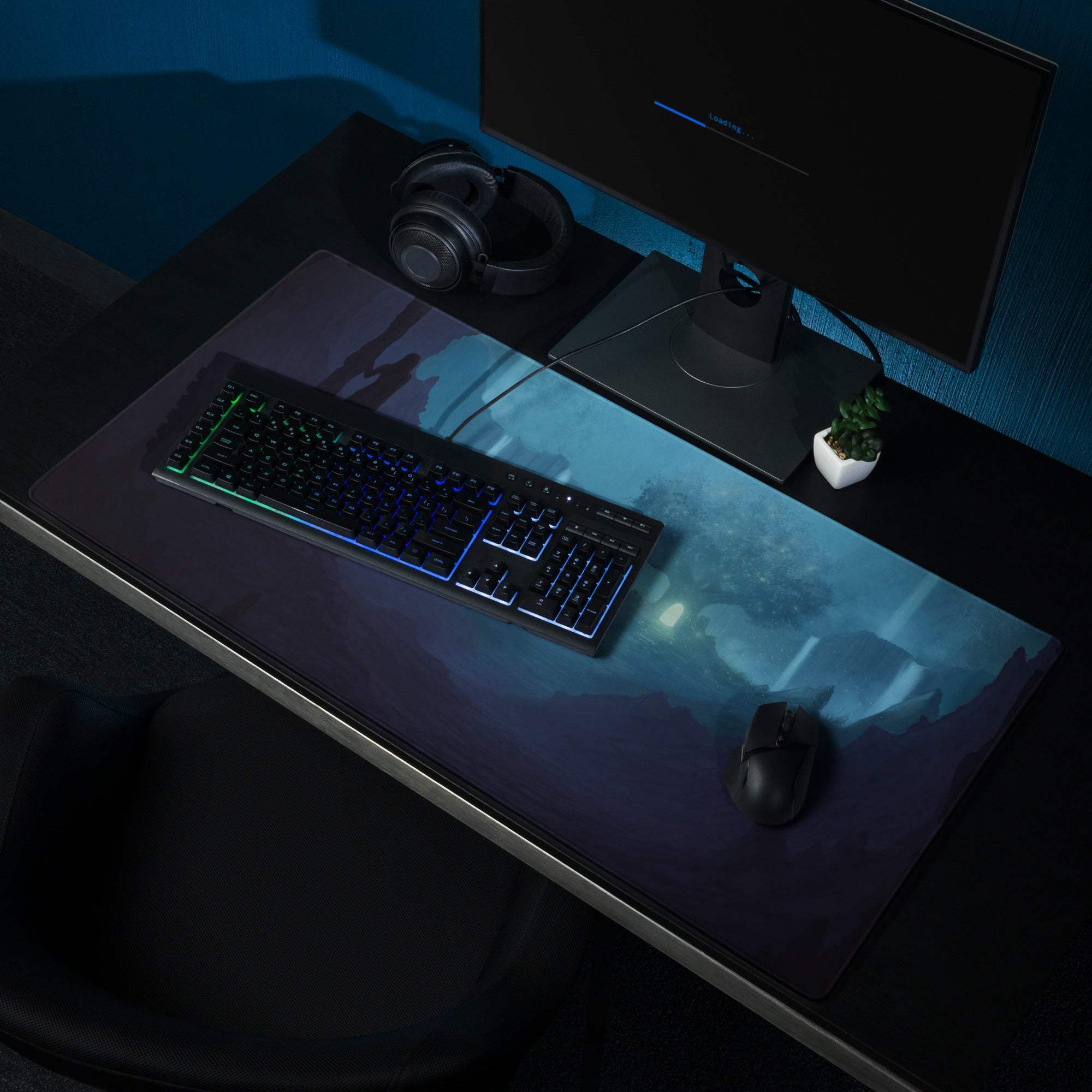 Blue fantasy landscape gaming mouse pad with large size, edge stitching, non-slip base
