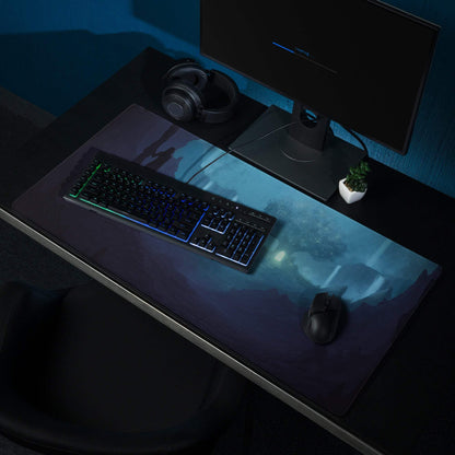Blue fantasy landscape gaming mouse pad with large size, edge stitching, non-slip base