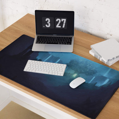 Blue gradient fantasy landscape gaming mouse pad with large size, edge stitching, non-slip base