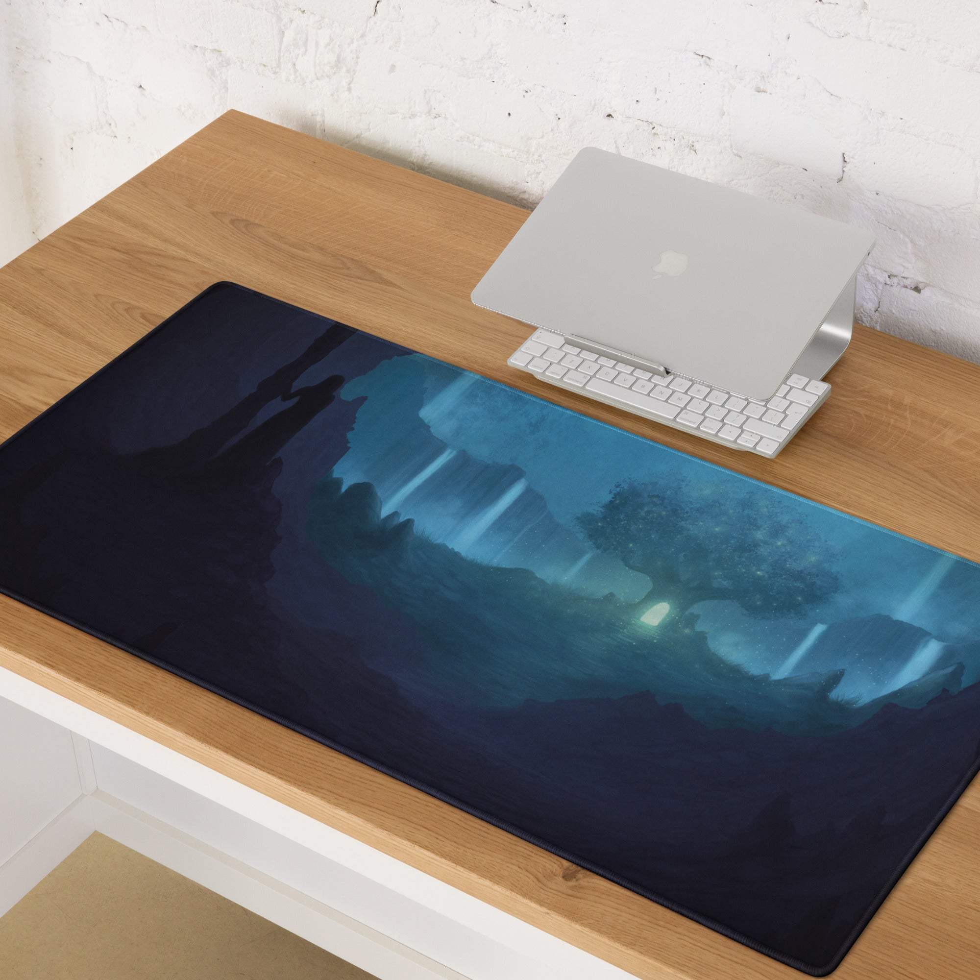 Blue fantasy landscape gaming mouse pad, dark blue teal abstract, large stitched non-slip