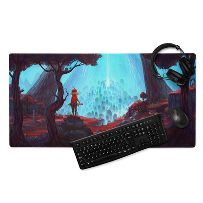Epic fantasy gaming mousepad with red figure, blue mountains, large non-slip base