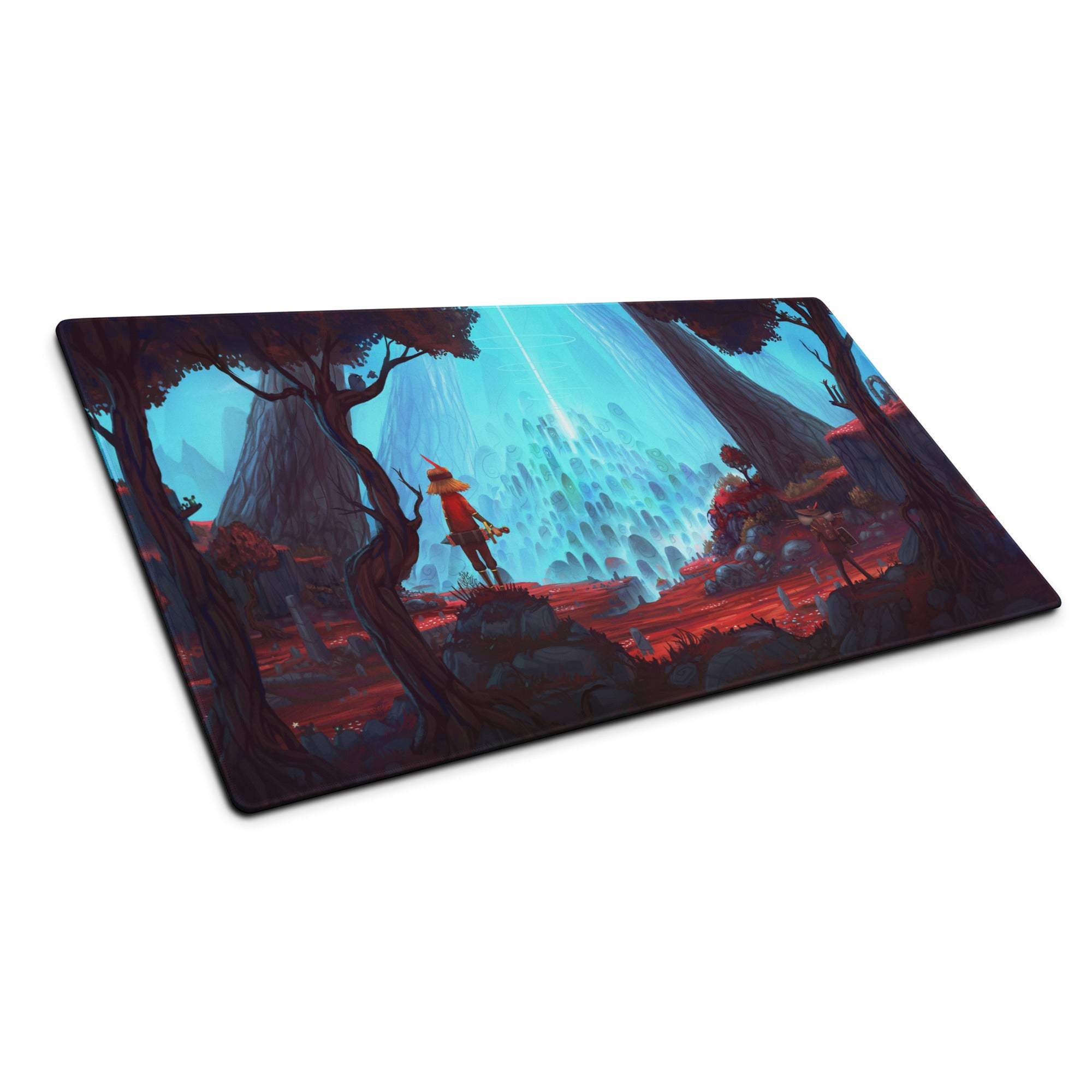 Epic fantasy landscape gaming mouse pad with large size, non-slip base, vibrant enchanted forest scene