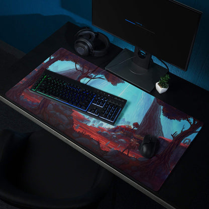 Epic fantasy landscape gaming mousepad in red teal hues, large non-slip esports base