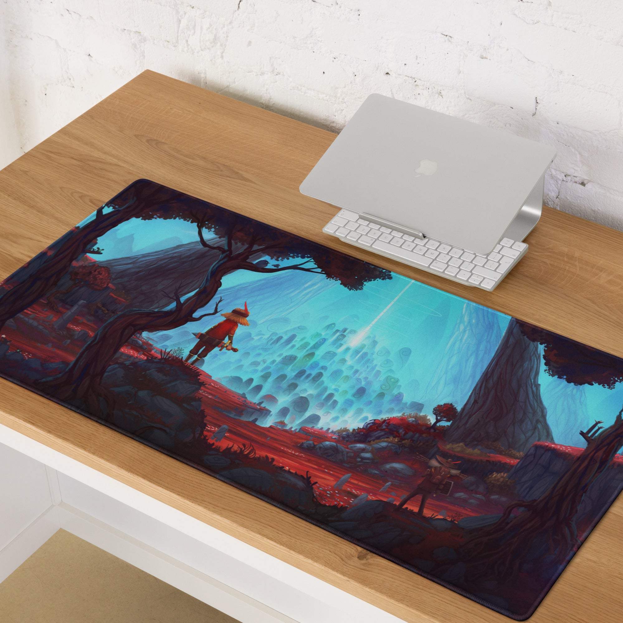 Epic fantasy landscape gaming mouse pad with large size, non-slip base, vibrant enchanted forest scene