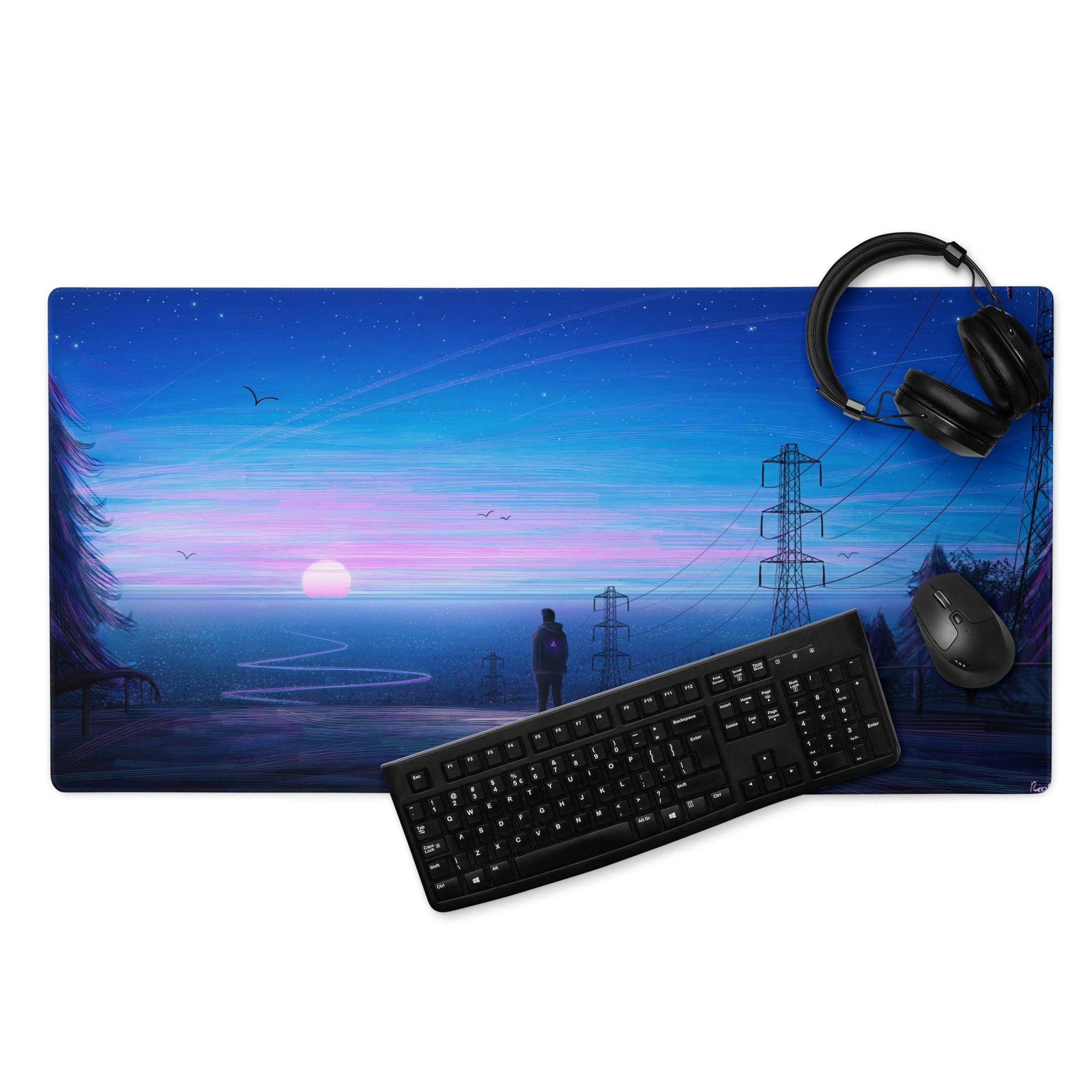 Twilight Horizon gaming mouse pad with twilight landscape, large surface, non-slip stitched edges
