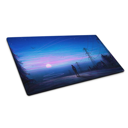 Twilight Horizon gaming mouse pad with stitched edges and lone figure scene