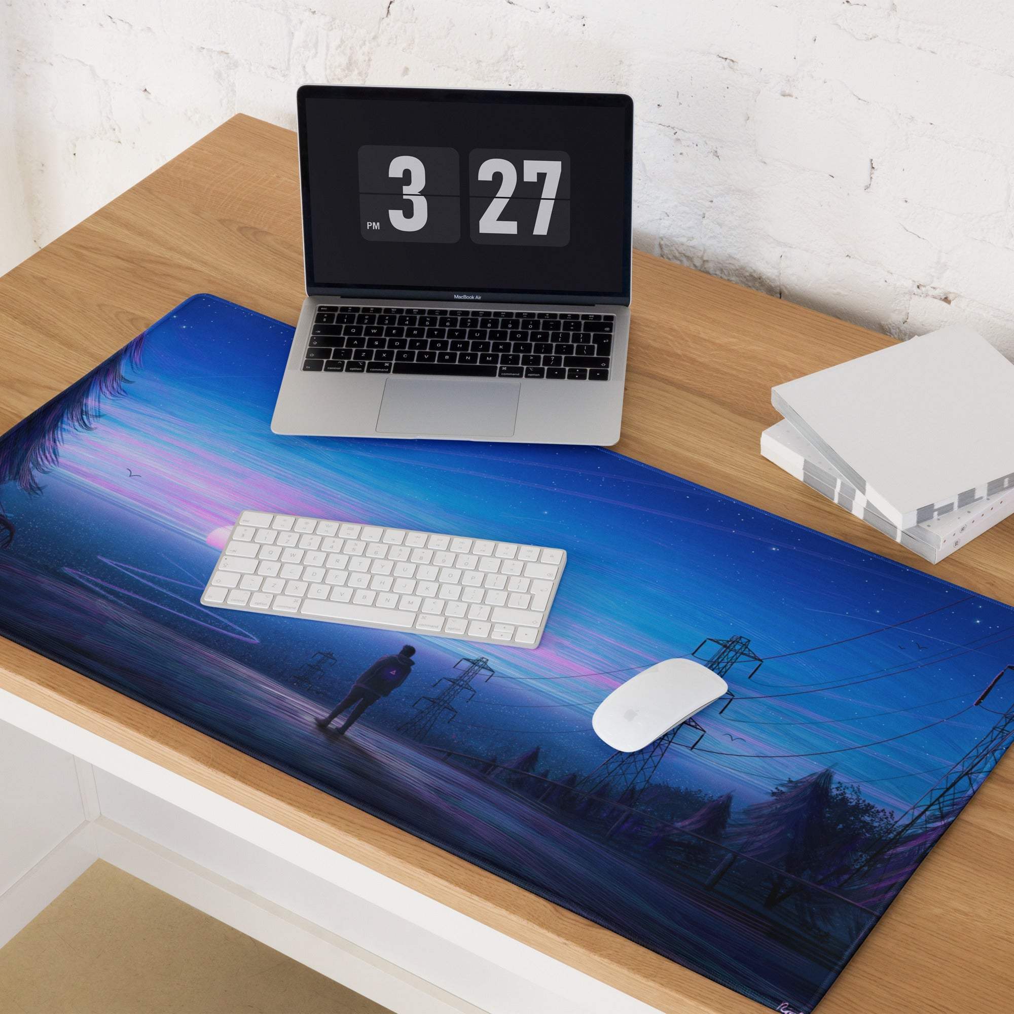 Twilight Horizon blue purple gradient desk mat with silhouette under power lines