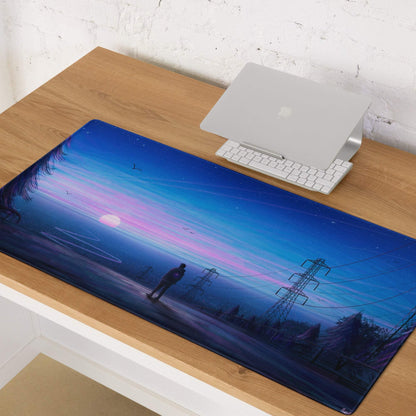 Twilight Horizon blue purple gradient sunset gaming mouse pad with lone figure birds power lines starry sky