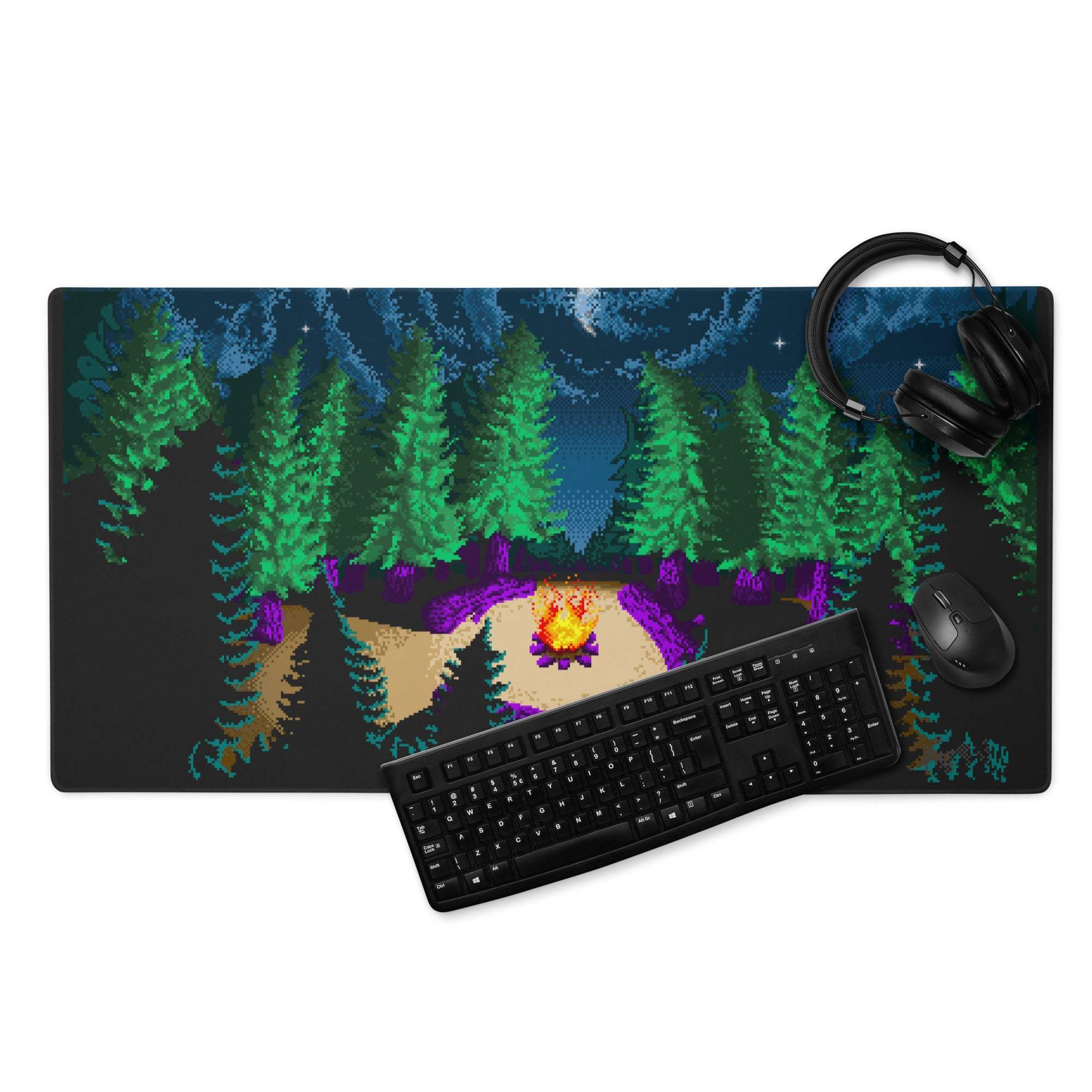 Night Forest Pixel Art Gaming Mouse Pad with glowing campfire