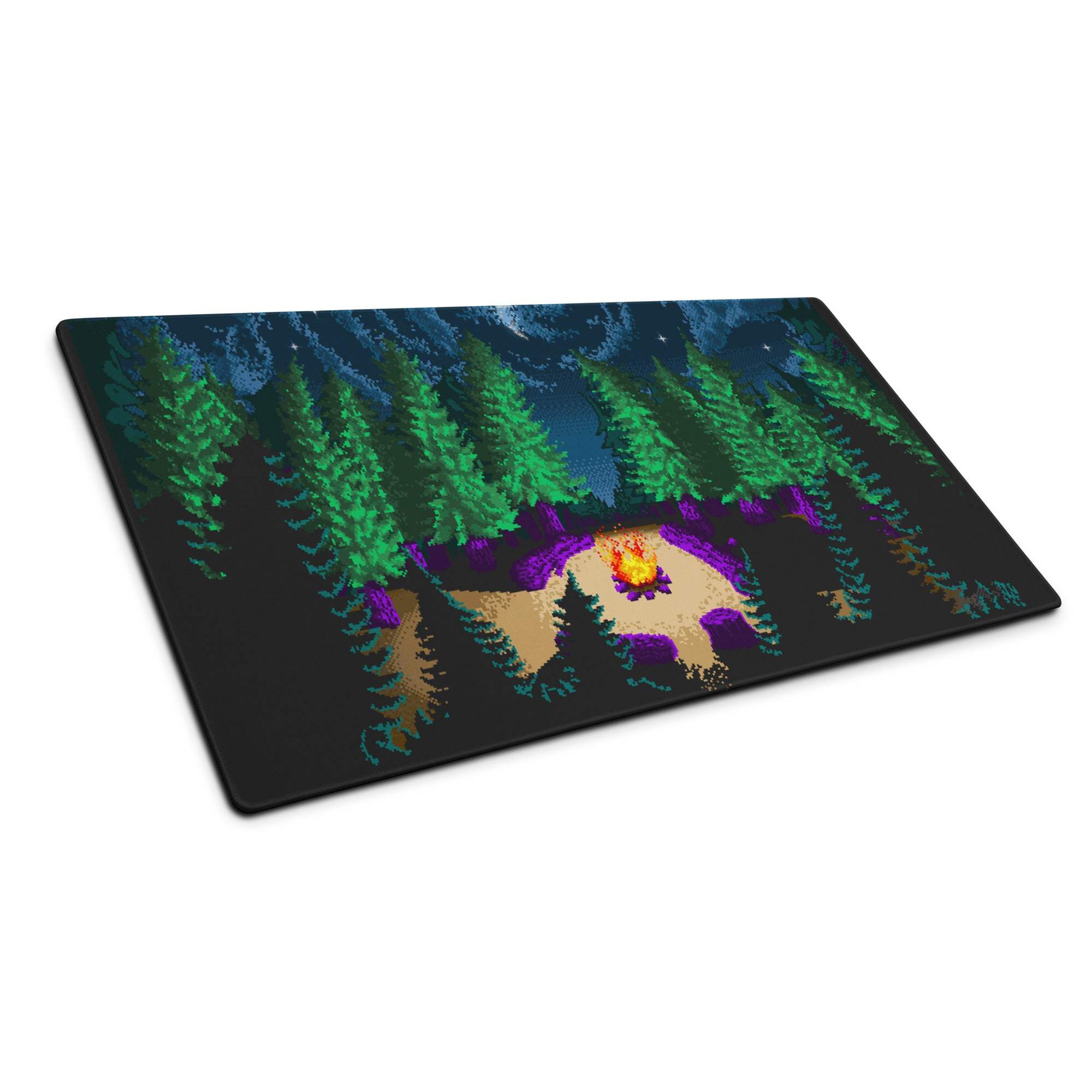 Night Forest Pixel Art large gaming mouse pad with campfire design