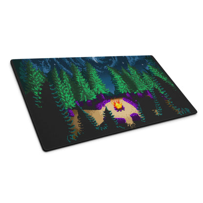 Night Forest Pixel Art large gaming mouse pad with campfire design