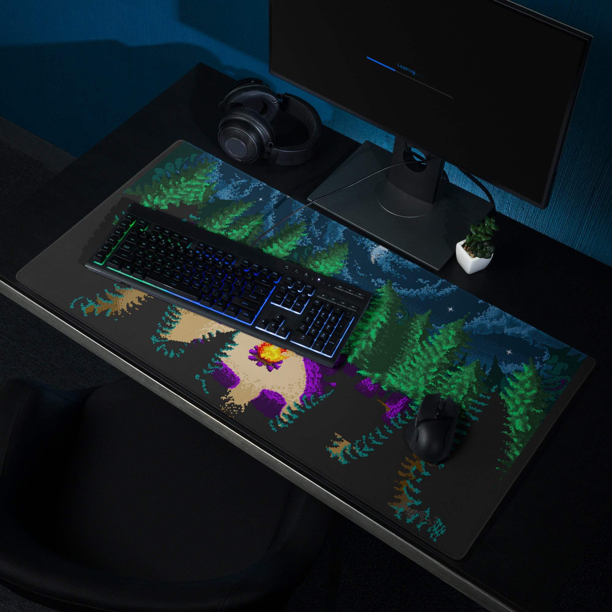Night Forest Pixel Art gaming mouse pad with pixelated forest, non-slip base